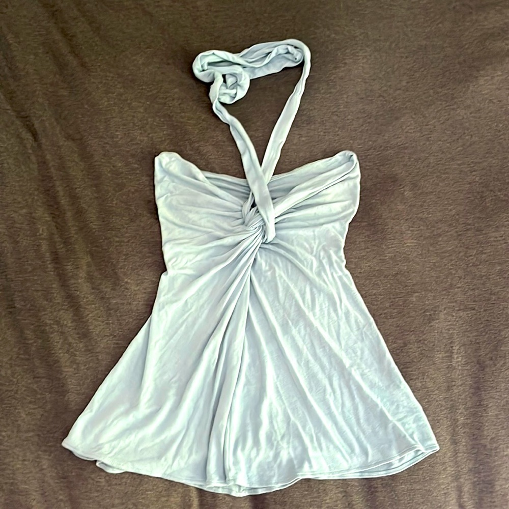 MASON Blue halter top shirt petite or small back cutout open back blouse tank